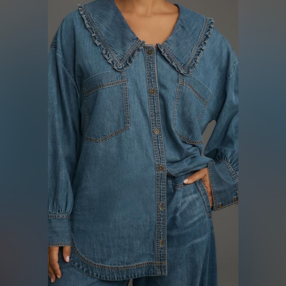 Pilcro Frill Collar Denim Buttondown Shirt - Picture 4 of 7